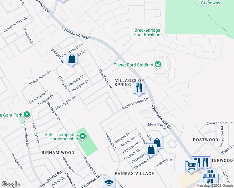 map of restaurants, bars, coffee shops, grocery stores, and more near 23662 Goodfellow Drive in Spring