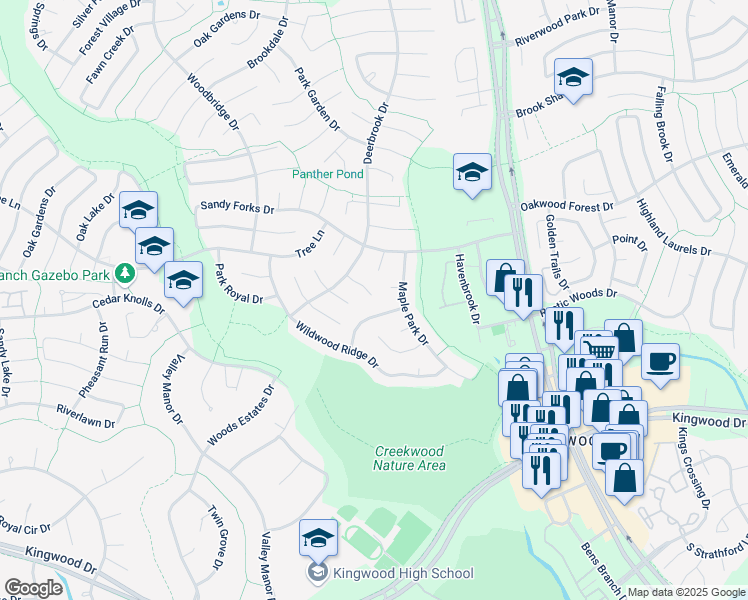 map of restaurants, bars, coffee shops, grocery stores, and more near 3619 Glade Creek Drive in Humble