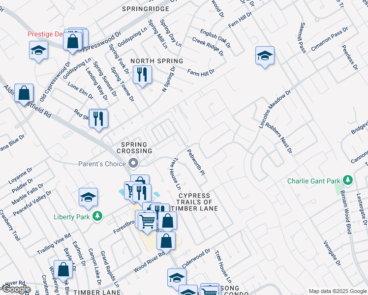 map of restaurants, bars, coffee shops, grocery stores, and more near 23723 Tree House Lane in Spring