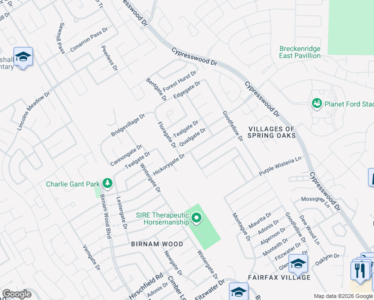 map of restaurants, bars, coffee shops, grocery stores, and more near 4814 Quailgate Drive in Spring