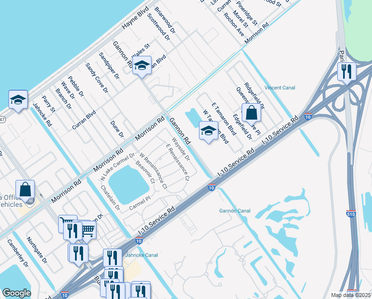 map of restaurants, bars, coffee shops, grocery stores, and more near 7181 Wayside Drive in New Orleans