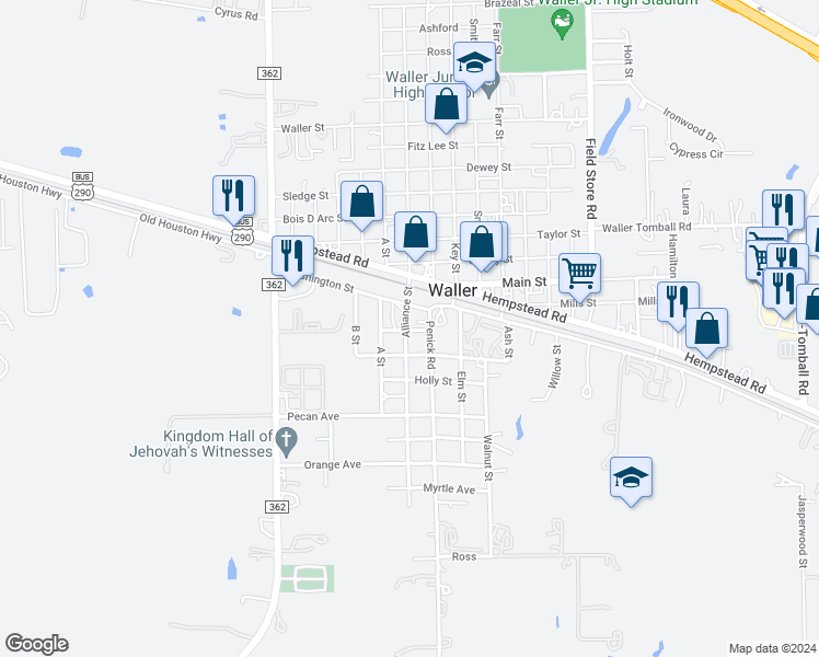 map of restaurants, bars, coffee shops, grocery stores, and more near 2611 Washington Street in Waller