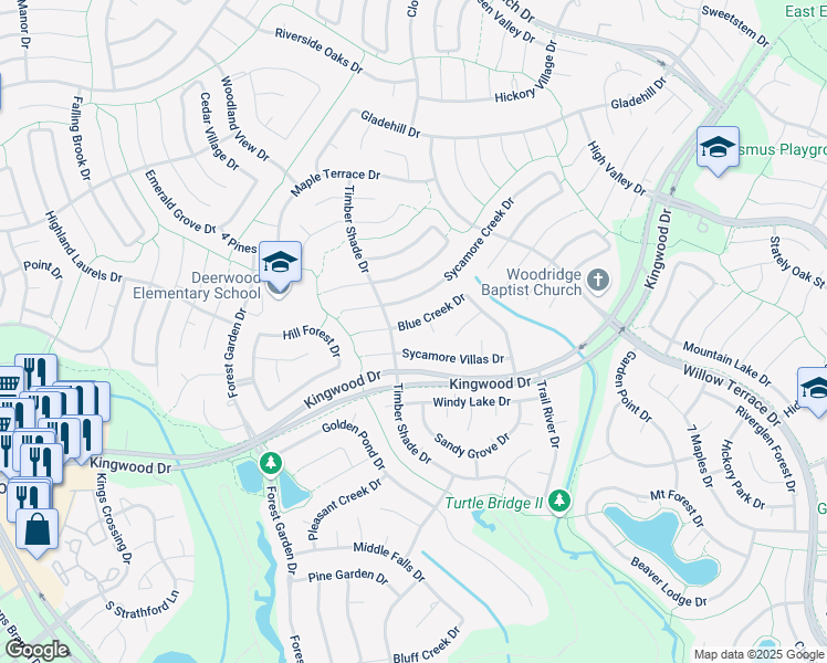 map of restaurants, bars, coffee shops, grocery stores, and more near 5210 Blue Creek Drive in Houston