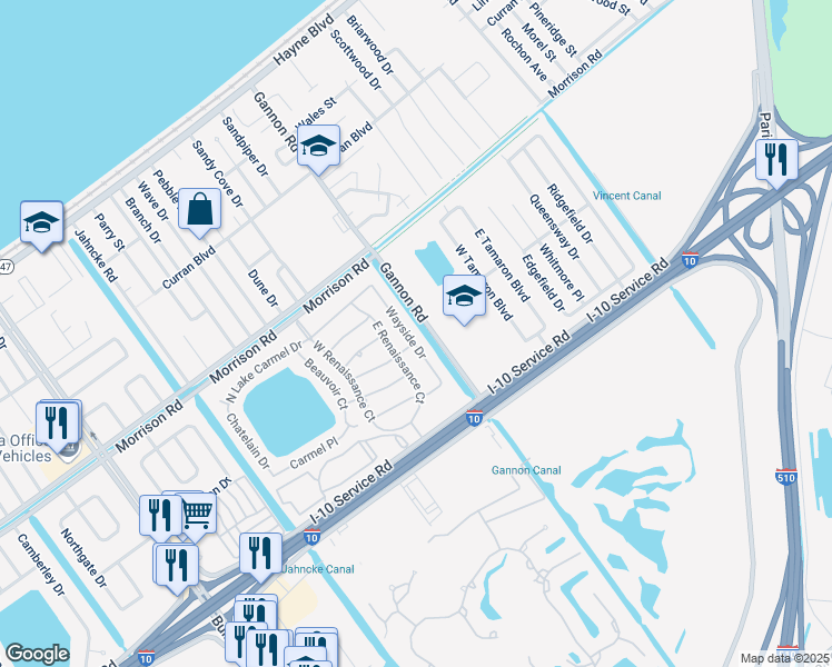 map of restaurants, bars, coffee shops, grocery stores, and more near 7181 Wayside Drive in New Orleans