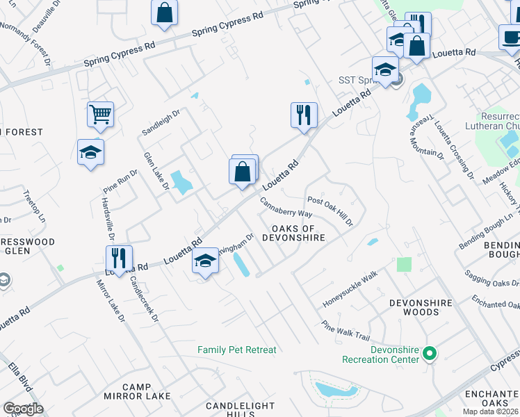 map of restaurants, bars, coffee shops, grocery stores, and more near 2706 Wind Brush Drive in Spring