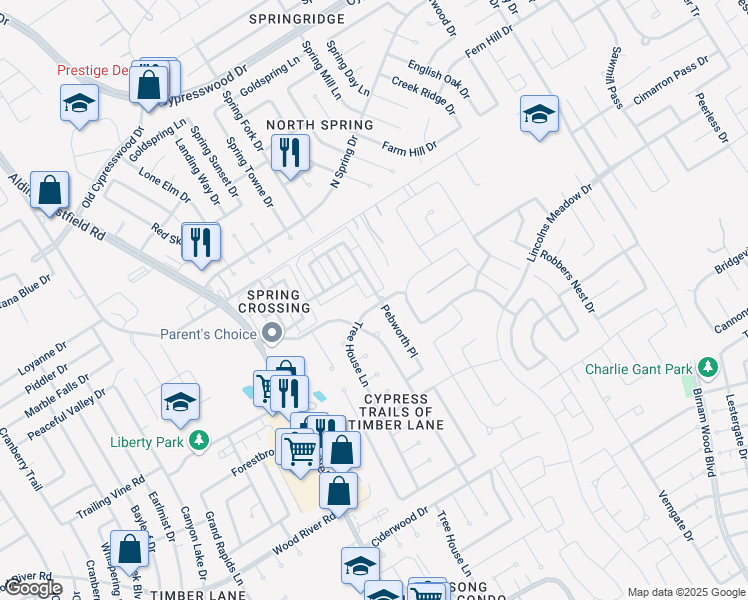 map of restaurants, bars, coffee shops, grocery stores, and more near 23723 Tree House Lane in Spring