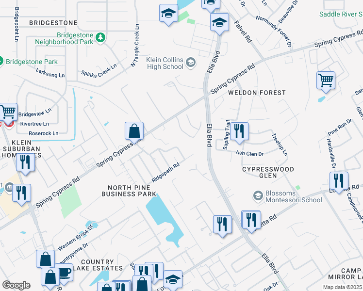 map of restaurants, bars, coffee shops, grocery stores, and more near 19118 Pine Lock Lane in Spring