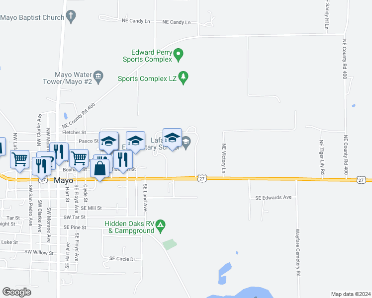 map of restaurants, bars, coffee shops, grocery stores, and more near 811 East Main Street in Mayo