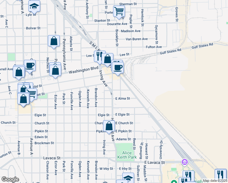 map of restaurants, bars, coffee shops, grocery stores, and more near 120 East Chapin Avenue in Beaumont