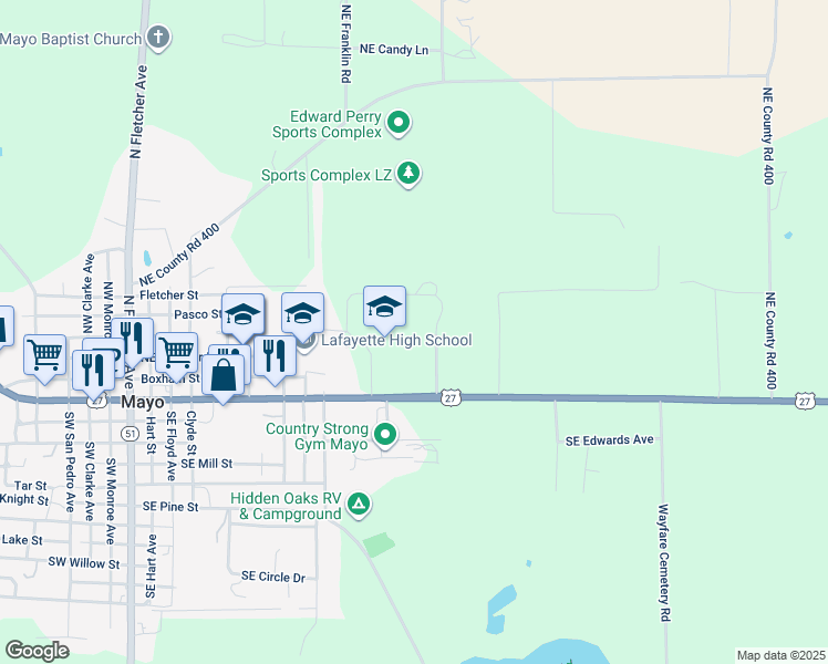 map of restaurants, bars, coffee shops, grocery stores, and more near 811 East Main Street in Mayo