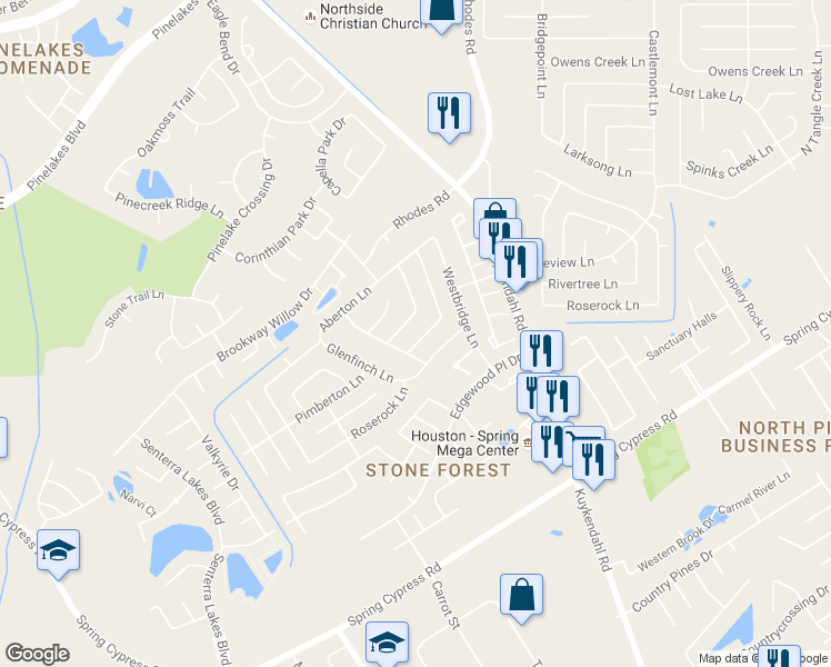 map of restaurants, bars, coffee shops, grocery stores, and more near 5206 Rivertree Lane in Spring