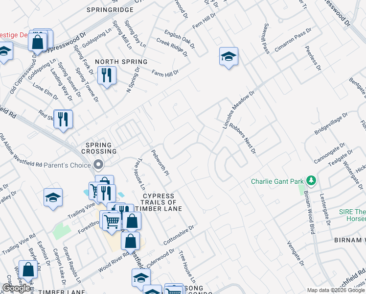 map of restaurants, bars, coffee shops, grocery stores, and more near 2403 Georgina Falls Drive in Spring
