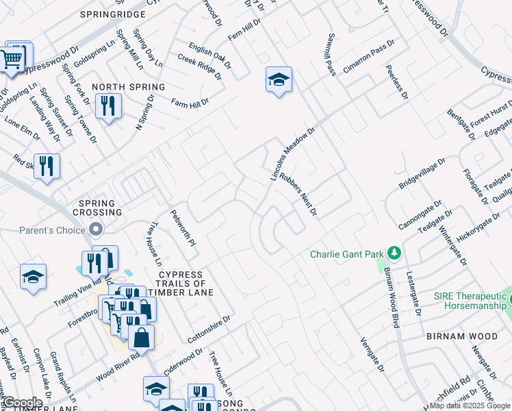 map of restaurants, bars, coffee shops, grocery stores, and more near 23403 Wedgewood Cliff Way in Spring