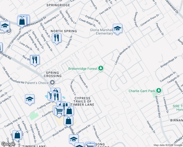 map of restaurants, bars, coffee shops, grocery stores, and more near 2403 Georgina Falls Drive in Spring