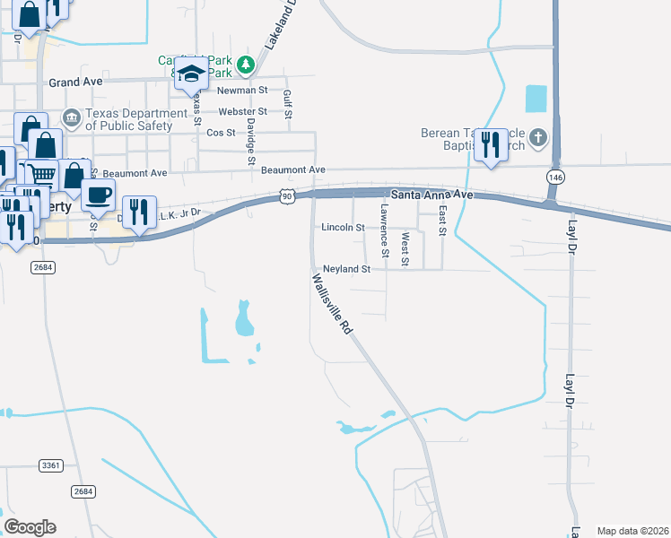 map of restaurants, bars, coffee shops, grocery stores, and more near 3004 Neyland Street in Liberty
