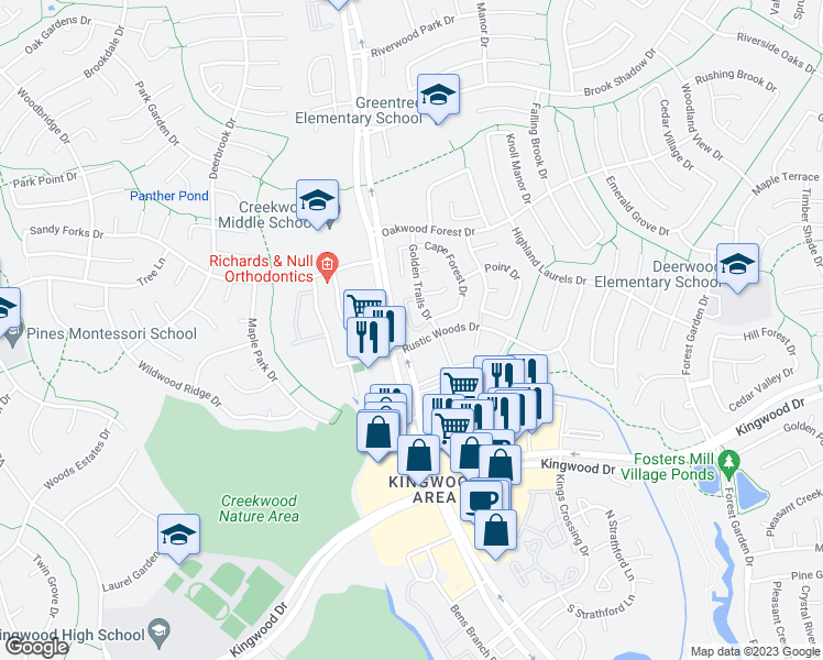 map of restaurants, bars, coffee shops, grocery stores, and more near 309 Golden Trails Drive in Houston
