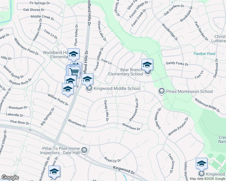 map of restaurants, bars, coffee shops, grocery stores, and more near 3157 Cedar Knolls Drive in Humble