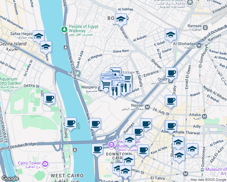 map of restaurants, bars, coffee shops, grocery stores, and more near 79 Nasr El-Deen El-Shaikh in Bulaq