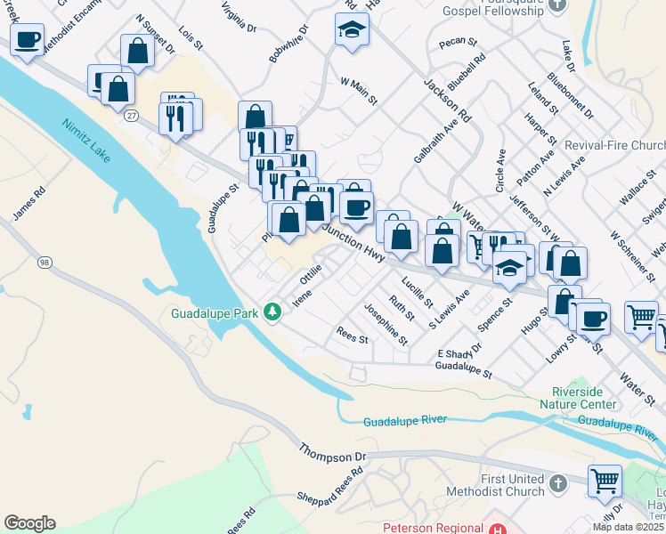 map of restaurants, bars, coffee shops, grocery stores, and more near 703B Editha Drive in Kerrville