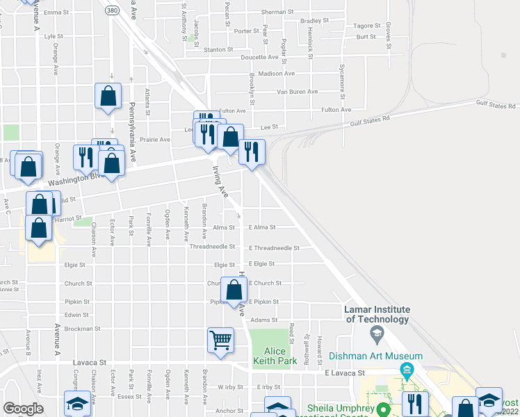 map of restaurants, bars, coffee shops, grocery stores, and more near 3265 Shannon Avenue in Beaumont