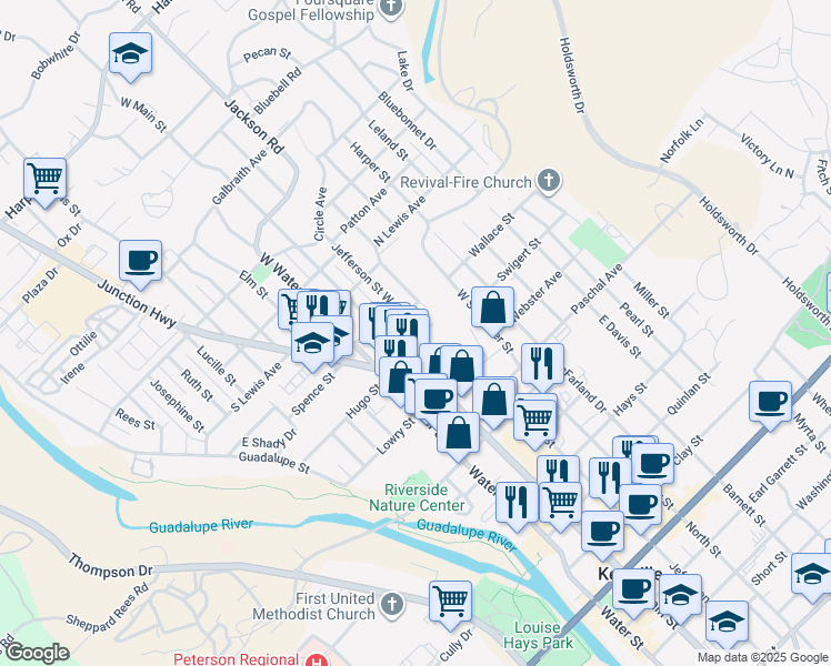 map of restaurants, bars, coffee shops, grocery stores, and more near 316 Powell Avenue in Kerrville