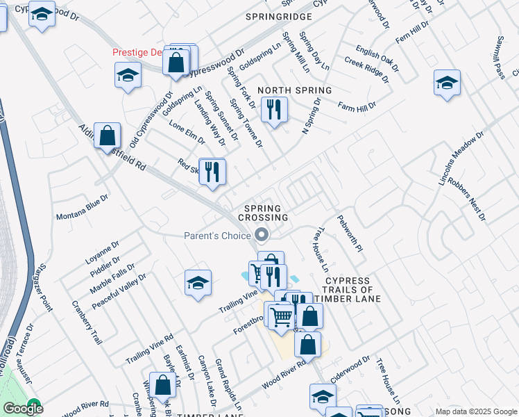 map of restaurants, bars, coffee shops, grocery stores, and more near 2042 Rustling Trees Way in Spring