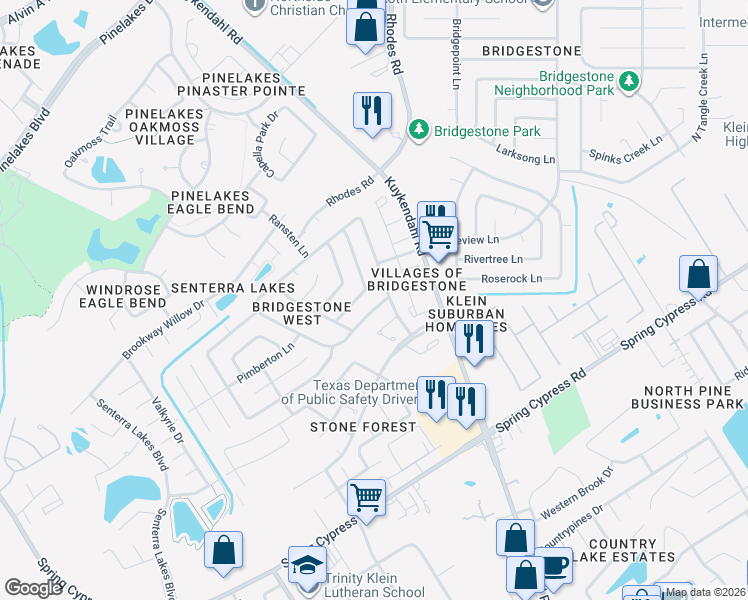 map of restaurants, bars, coffee shops, grocery stores, and more near 5110 Roserock Lane in Spring