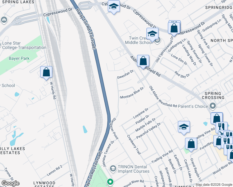 map of restaurants, bars, coffee shops, grocery stores, and more near 24215 Stargazer Point in Spring