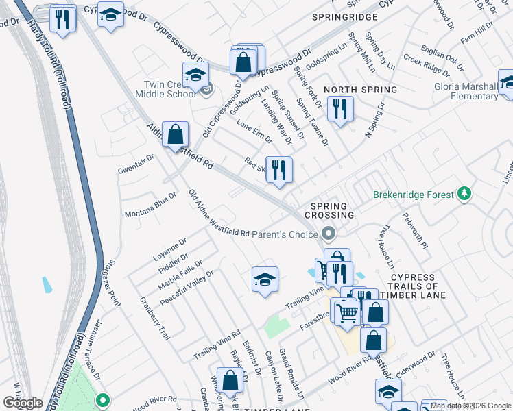 map of restaurants, bars, coffee shops, grocery stores, and more near 24001 Aldine Westfield Rd in Spring