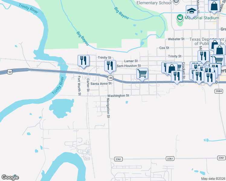 map of restaurants, bars, coffee shops, grocery stores, and more near 114 Alabama Street in Liberty