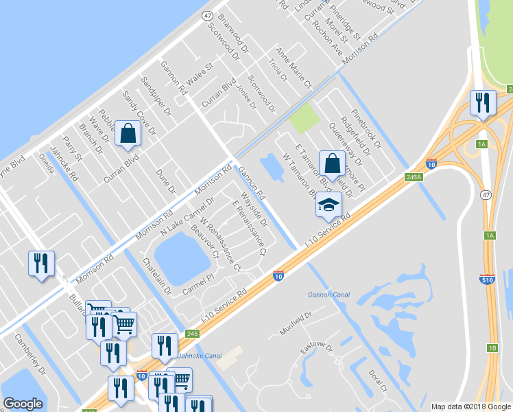 map of restaurants, bars, coffee shops, grocery stores, and more near 7181 Wayside Drive in New Orleans