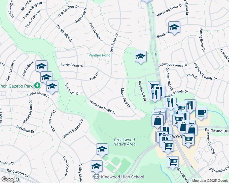 map of restaurants, bars, coffee shops, grocery stores, and more near 3619 Glade Creek Drive in Houston