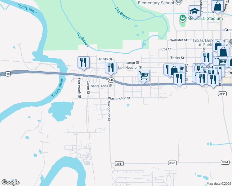 map of restaurants, bars, coffee shops, grocery stores, and more near 114 Alabama Street in Liberty
