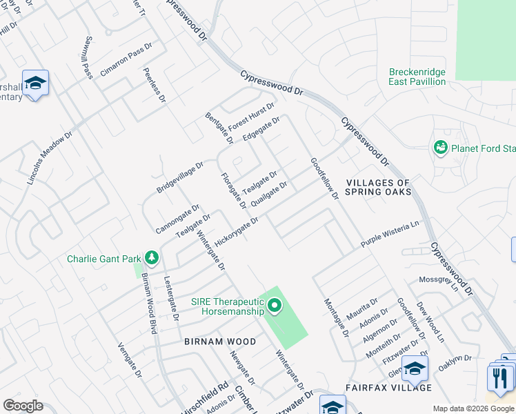 map of restaurants, bars, coffee shops, grocery stores, and more near 4814 Quailgate Drive in Spring