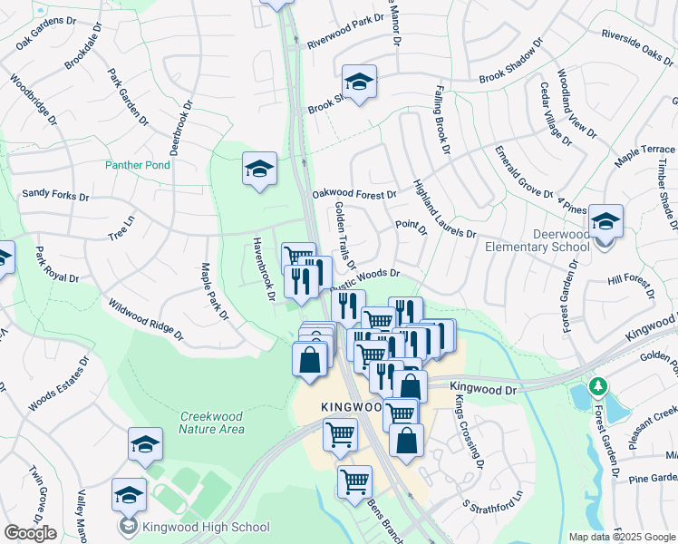map of restaurants, bars, coffee shops, grocery stores, and more near 309 Golden Trails Drive in Houston