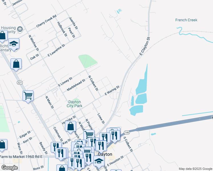 map of restaurants, bars, coffee shops, grocery stores, and more near 704 East Waring Street in Dayton