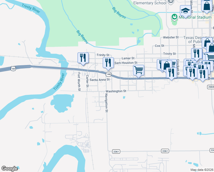 map of restaurants, bars, coffee shops, grocery stores, and more near 111 Navigation Street in Liberty