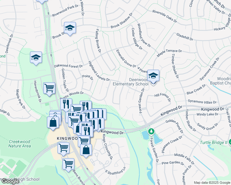 map of restaurants, bars, coffee shops, grocery stores, and more near 2802 Crystal Falls Drive in Houston