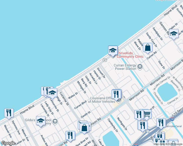 map of restaurants, bars, coffee shops, grocery stores, and more near 8043 Arcadia Lane in New Orleans