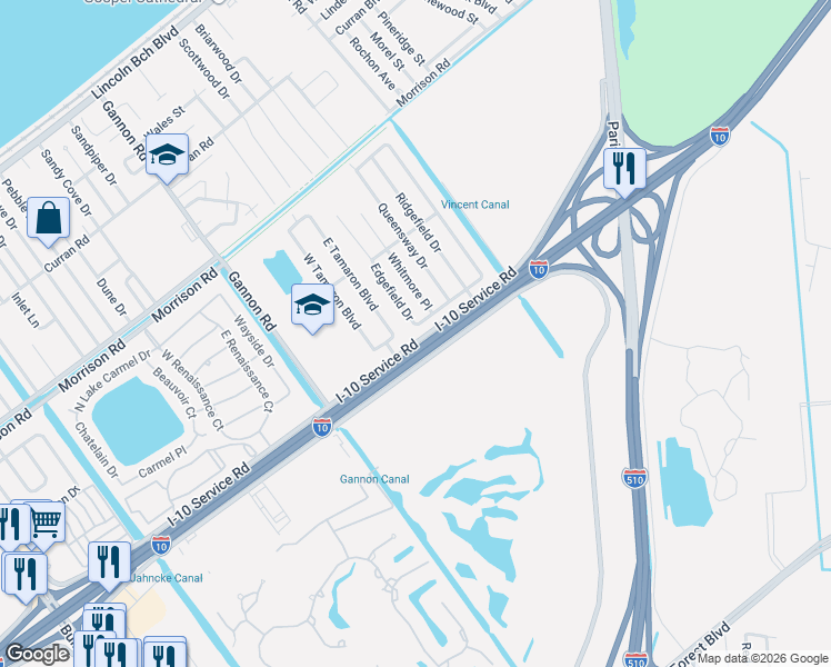 map of restaurants, bars, coffee shops, grocery stores, and more near 1400 Kingswood Drive in New Orleans