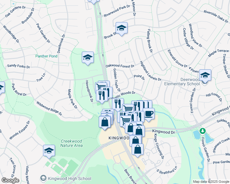 map of restaurants, bars, coffee shops, grocery stores, and more near 3309 Golden Trails Drive in Houston