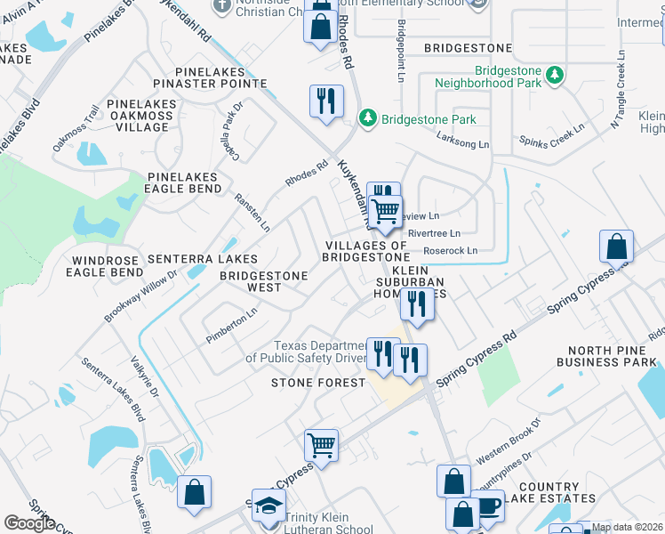 map of restaurants, bars, coffee shops, grocery stores, and more near 5110 Roserock Lane in Spring