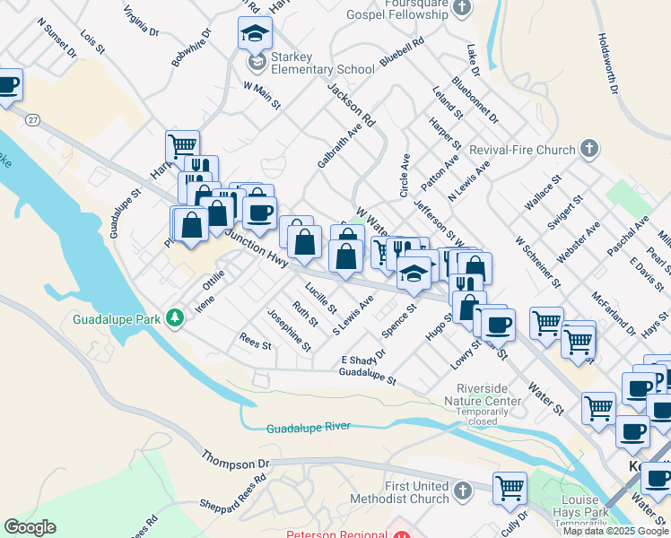 map of restaurants, bars, coffee shops, grocery stores, and more near 511 Texas 27 in Kerrville