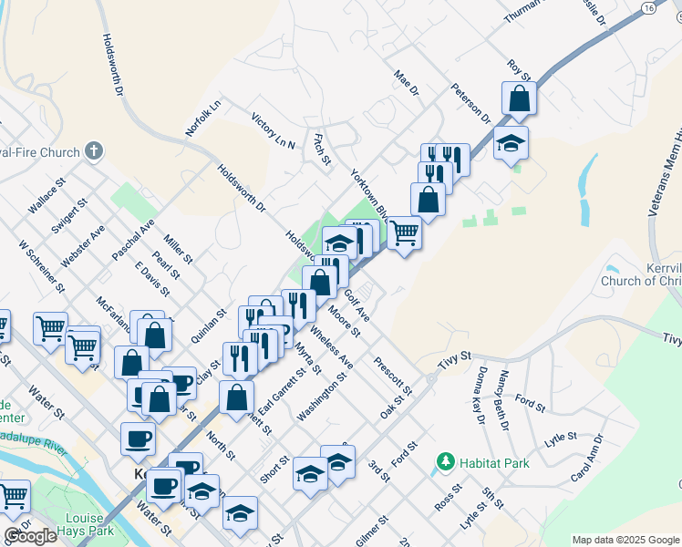 map of restaurants, bars, coffee shops, grocery stores, and more near 1200 Sidney Baker Street in Kerrville