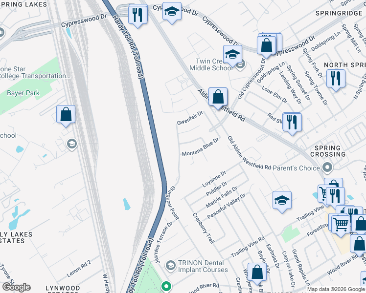 map of restaurants, bars, coffee shops, grocery stores, and more near 2422 Pinpoint Drive in Spring