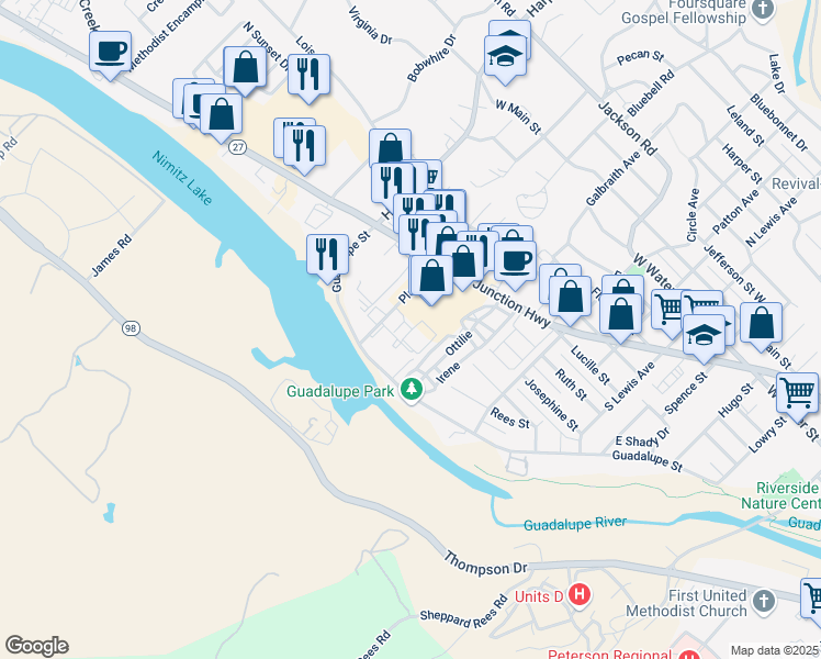map of restaurants, bars, coffee shops, grocery stores, and more near 115 Plaza Drive in Kerrville