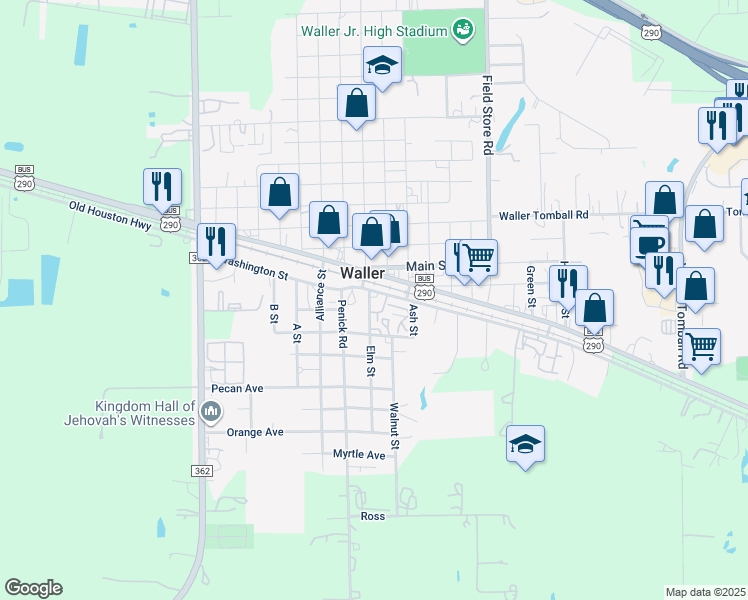 map of restaurants, bars, coffee shops, grocery stores, and more near 2409 Washington Street in Waller