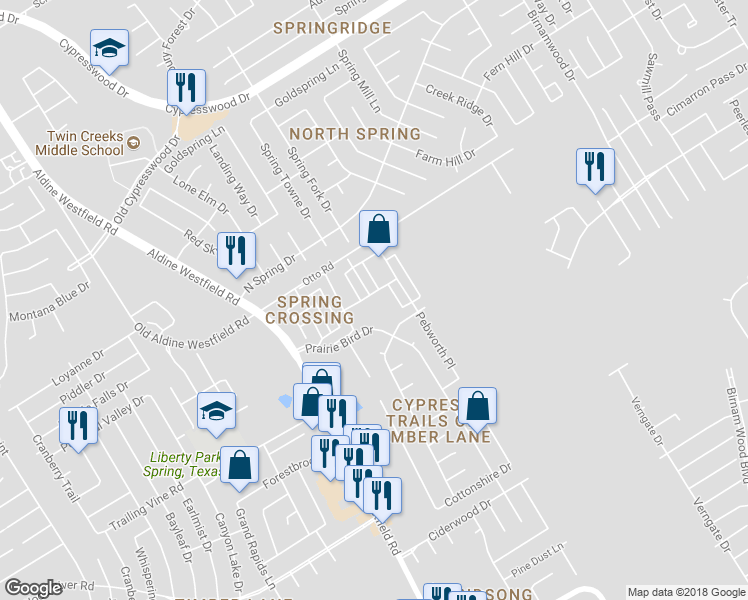 map of restaurants, bars, coffee shops, grocery stores, and more near 2242 Prairie Forest Tr in Spring
