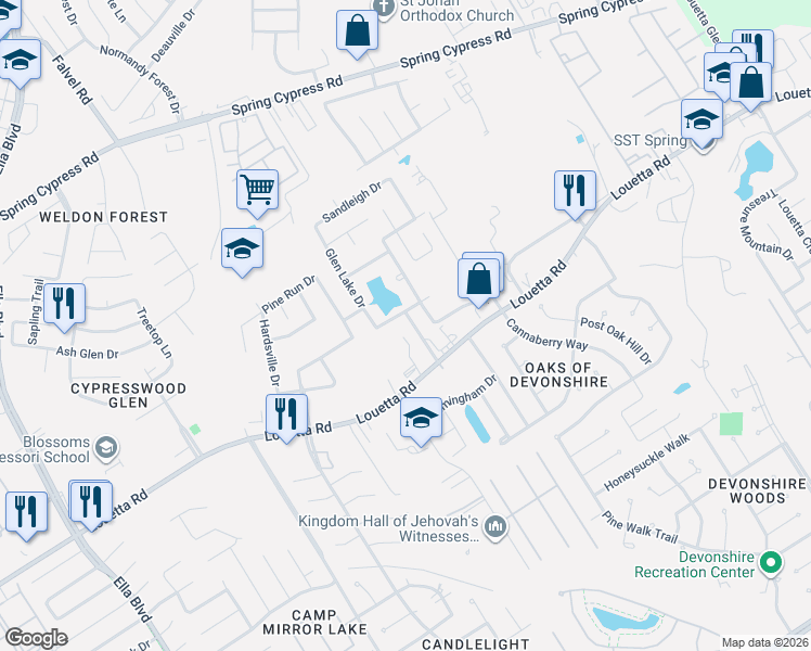 map of restaurants, bars, coffee shops, grocery stores, and more near 3019 Grand Lakeview Drive in Spring