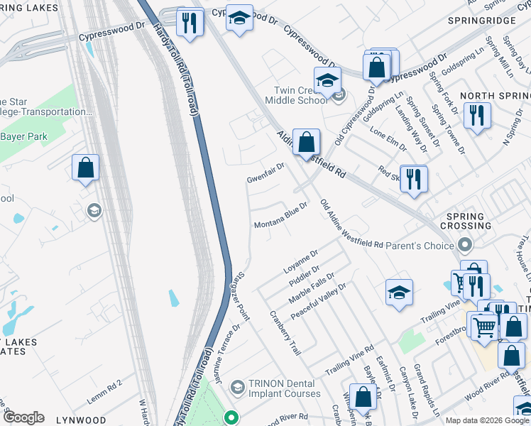 map of restaurants, bars, coffee shops, grocery stores, and more near 2422 Pinpoint Drive in Spring